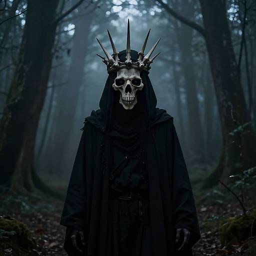 Mysterious Skeleton Figure with Bone Crown in Dark Forest