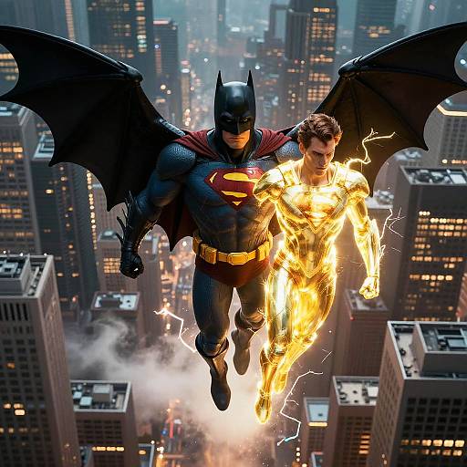 Photorealistic CGI of Batman in dark suit with bat wings, flying alongside Superman in fiery costume, soaring above a glowing, nighttime cityscape with illuminated