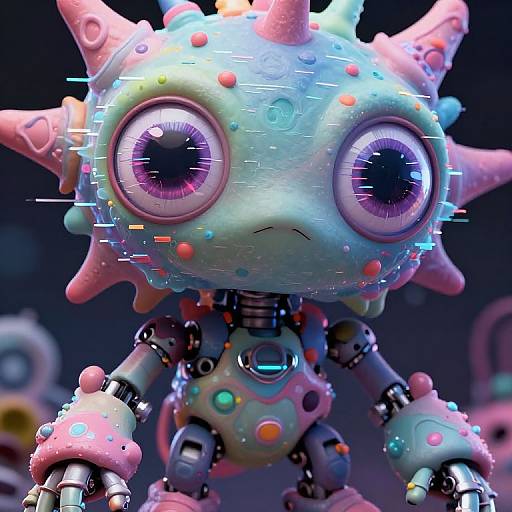 CGI digital artwork of a colorful, cyberpunk-style, giant-eyed, spiky-headed robot with glowing purple eyes, multicolored body, and