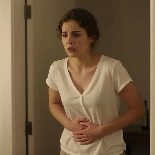 Concerned Woman in Dimly Lit Doorway