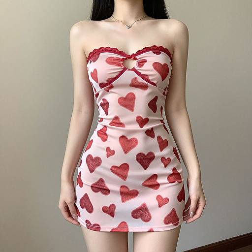 Photograph of an Asian woman with long black hair, wearing a strapless white mini dress with red heart patterns and lace trim.