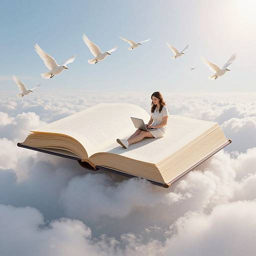 Photograph of a woman with long brown hair, wearing a white blouse and white shorts, sitting on a giant floating open book, reading, surrounded by