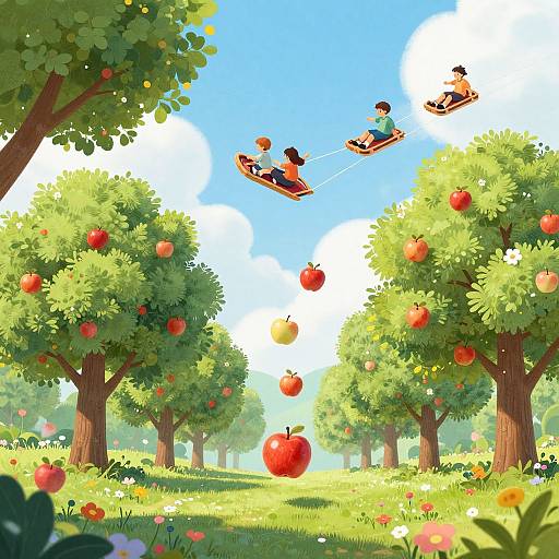 Digital illustration of two children pulling a sled with ropes, flying through a sunny apple orchard with vibrant red apples and blue sky.