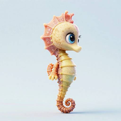 Cute, digital, 3D cartoon seahorse with large blue eyes, pink spines, and cream-yellow body stands upright on a white