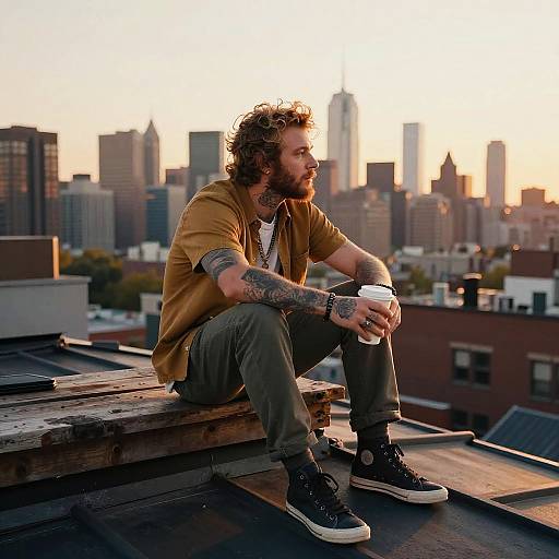 Photograph of a bearded man with curly hair, tattoos, and brown shirt, sitting on rooftop, city skyline at sunset, holding coffee cup,