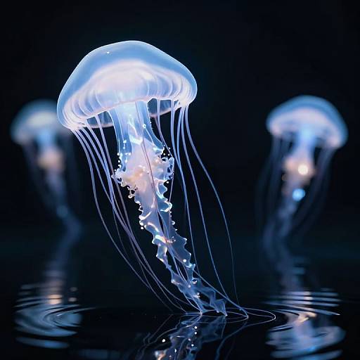 Photograph of glowing blue jellyfish with translucent, flowing tentacles against a dark, reflective water background, with blurred jellyfish in the background.