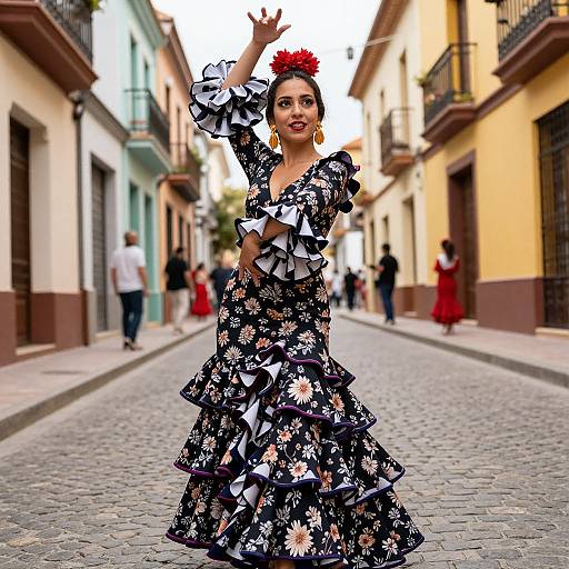 Photograph of a Hispanic woman in a ruffled black floral dress, red flower headpiece, and gold earrings, dancing on a cobblestone street