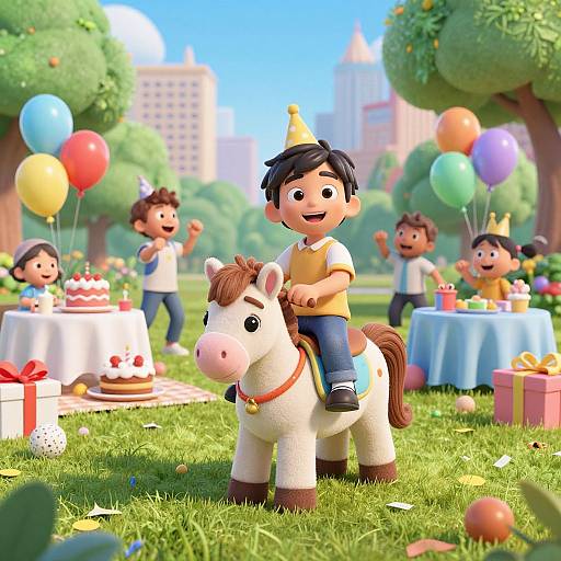 Digital cartoon of a smiling boy riding a white stuffed horse at a colorful outdoor birthday party with balloons, cakes, and gifts.