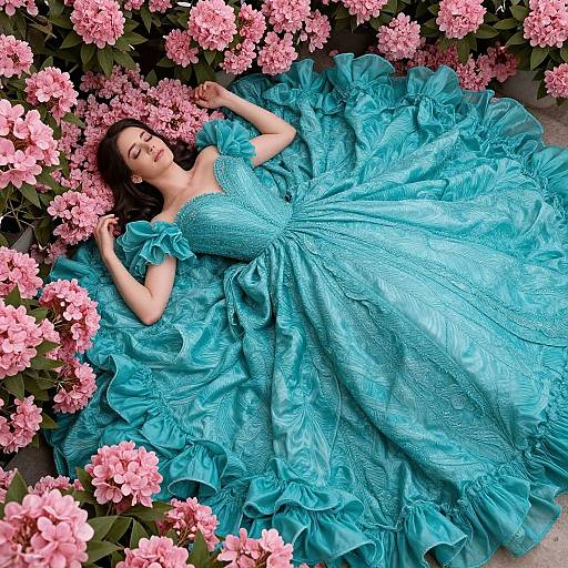 Photograph of a woman with fair skin and dark hair, wearing a vibrant turquoise, ruffled ball gown, lying among pink flowers.