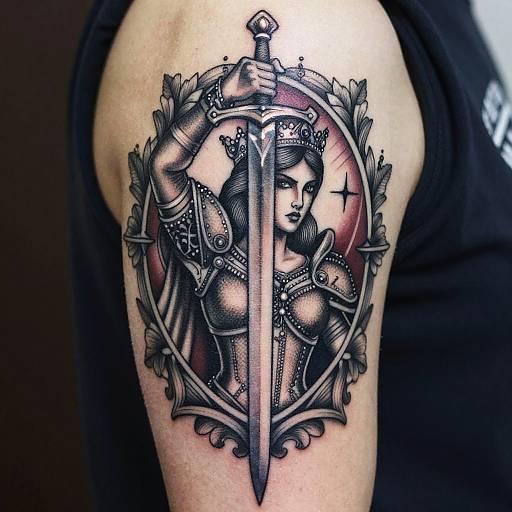 Tattoo of a queen in medieval armor, crowned, holding a sword, encircled by laurel leaves, on a bicep.