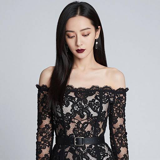 Elegant Woman in Black Lace Dress