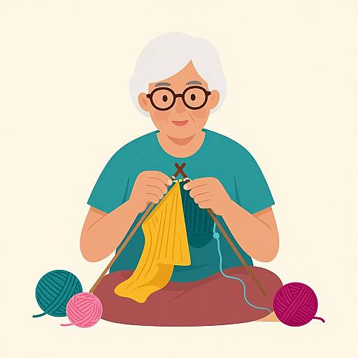 Digital illustration of an elderly person with white hair, glasses, teal shirt, and brown skirt, knitting yellow yarn, surrounded by colorful balls of yarn.