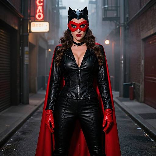 Photograph-style digital artwork of a confident woman in a black leather catsuit, red gloves, and cape, wearing a red mask, standing in a