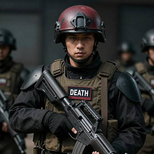 Dark Armored Soldier with Focused Expression