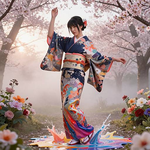 Elegant Woman Dissolving in Sakura Sunrise