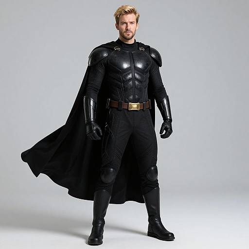 Photograph of a muscular, blonde-haired man in a black, glossy superhero costume with armor plates, cape, black gloves, and gold belt.
