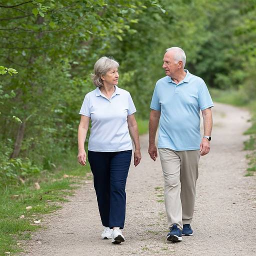Photograph of an elderly couple walking on a gravel path in a lush, green forest; both wearing light blue polo shirts and dark pants.