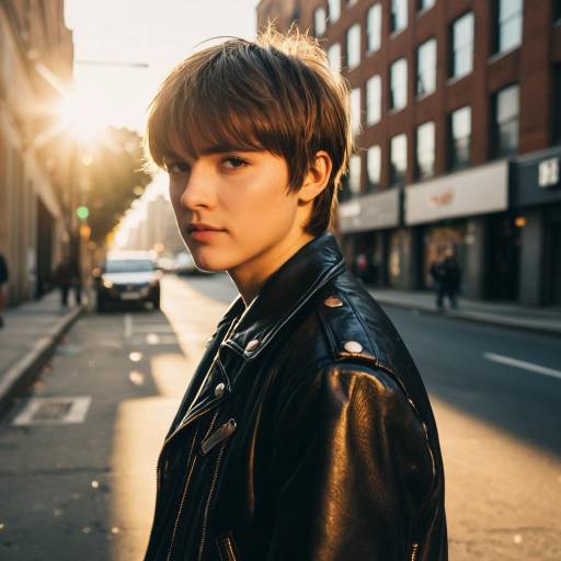 Teenage Boy with Side Swept Bangs Wearing Leather Jacket