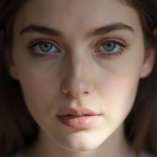 Close-up photograph of a young woman with fair skin, blue eyes, and light brown hair, illuminated by soft sunlight, highlighting her delicate features and subtle