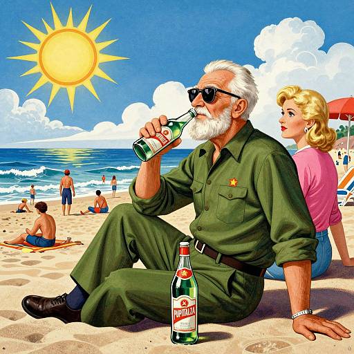 Vintage-style illustration of an older man with a white beard and sunglasses, drinking from a Corona bottle on a sunny beach, with a blonde woman in a