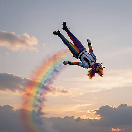 Photograph of a person with rainbow-colored hair, multicolored outfit, and black boots, mid-air, creating a rainbow trail against a sunset sky