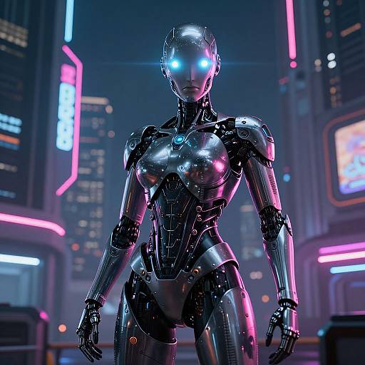Photorealistic CGI of a sleek, metallic female android with glowing blue eyes, standing confidently in a neon-lit futuristic cityscape.