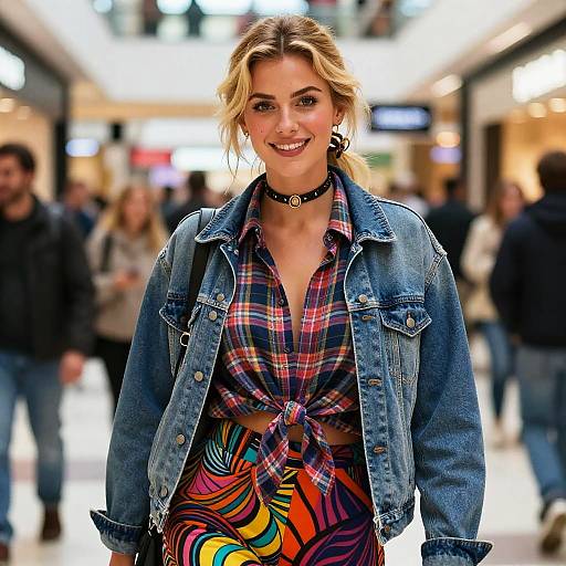 Blonde woman with smiling face, tied plaid shirt, denim jacket, colorful swirl skirt, black choker, walking in busy mall. Photograph.