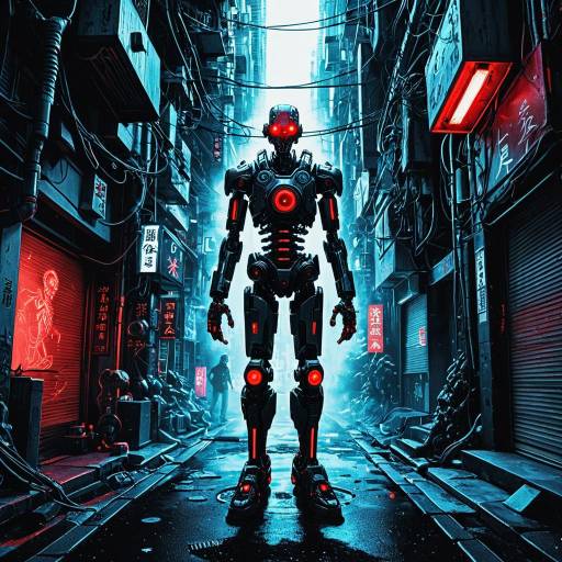 Cybernetic Robot in Neon City Alley