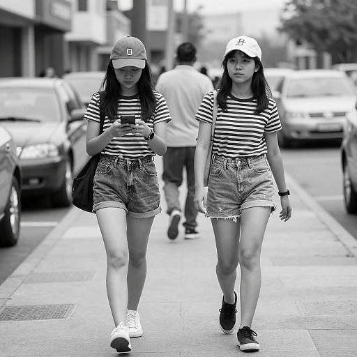 Two Young Women Walking on Sidewalk