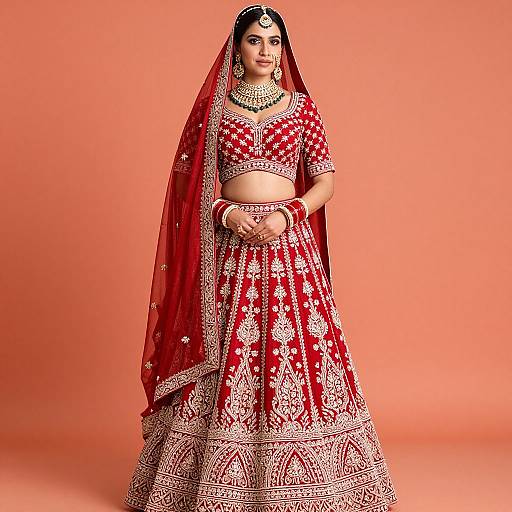 Photograph of an Indian woman in traditional red and white embroidered lehenga with a matching dupatta, ornate jewelry, and bold makeup against a solid