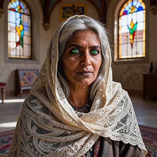 Photograph of an elderly woman with silver hair, green eyes, and a lace headscarf, standing in a sunlit church with colorful stained glass