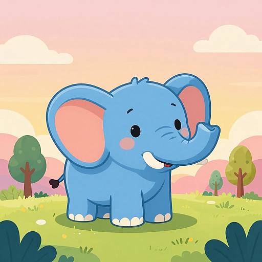 Cartoon-style illustration of a cute, blue baby elephant with pink inner ears, smiling with blush marks, standing on a grassy field under a pink