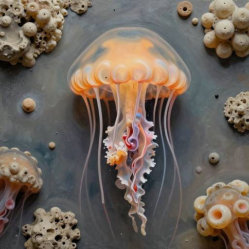 Photorealistic digital art of a glowing orange jellyfish with translucent tentacles, surrounded by beige coral-like formations on a dark, oceanic background.