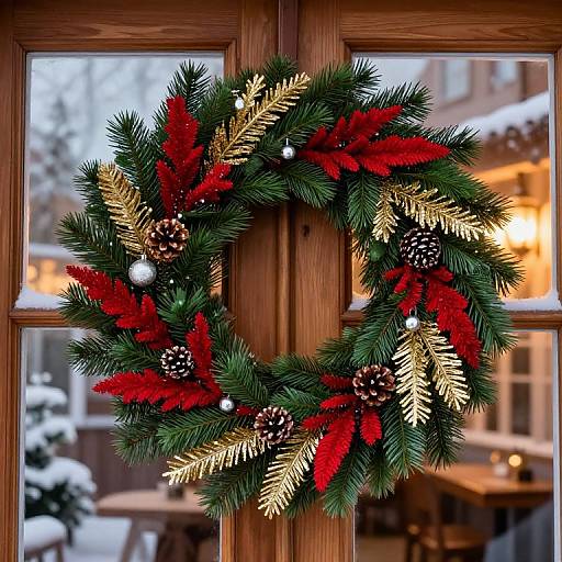 Photograph of a festive Christmas wreath with red poinsettias, gold pine needles, pinecones, and white baubles, hanging