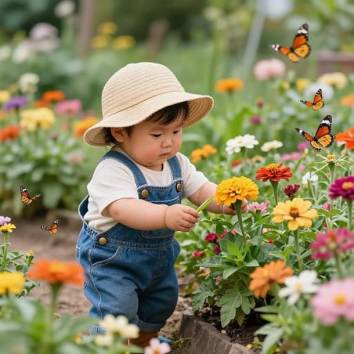 Joyful Chubby Gardener in Blooming Garden