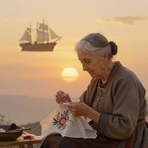 Photograph of an elderly woman with gray hair, wearing traditional dress, embroidering a white cloth with red and green flowers at sunset, with a ship