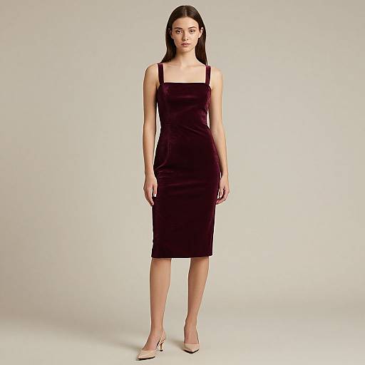 Photograph of a young woman with straight black hair, wearing a form-fitting, sleeveless black velvet knee-length dress and nude high heels, standing