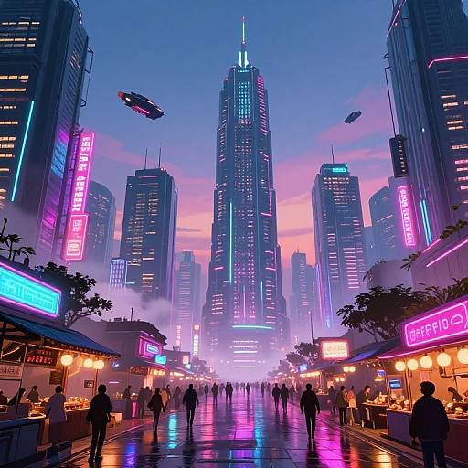 Neon-lit futuristic cityscape at dusk, featuring towering skyscrapers, vibrant pink and blue lights, flying drones, bustling street vendors, and