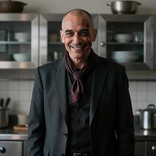 Sinister Man in Blood-Stained Kitchen
