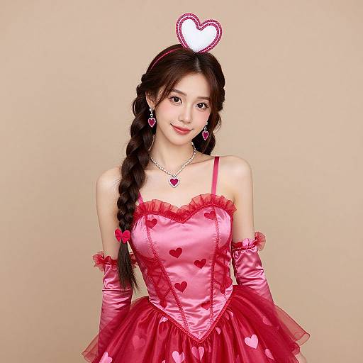 Photograph of an Asian woman with long braided brown hair, wearing a pink heart-patterned corset dress, matching gloves, heart-shaped headpiece