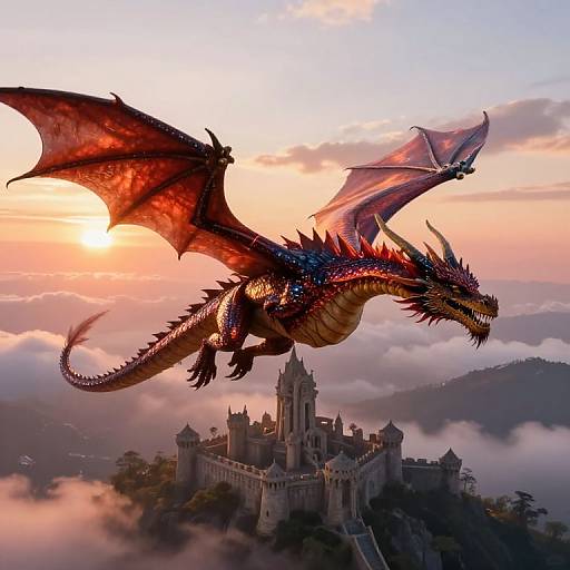 Digital artwork: A majestic red and blue dragon with glowing scales soars above a misty, castle-topped mountain during a vibrant sunset.