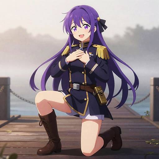 Kneeling Admiral on Foggy Dawn Pier