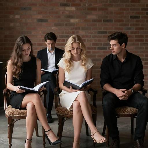 Group Reading in Dimly Lit Room