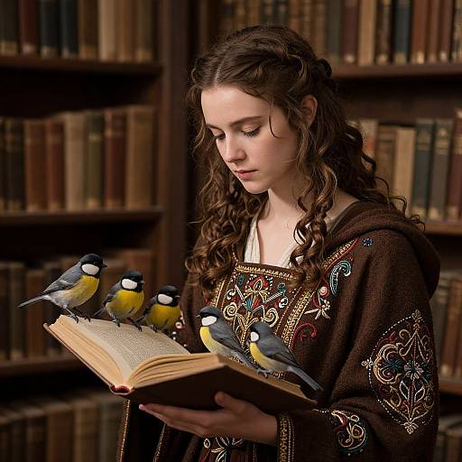 Photograph of a curly-haired woman in an ornate brown dress reading a book with three yellow and blue birds perched on it, surrounded by book