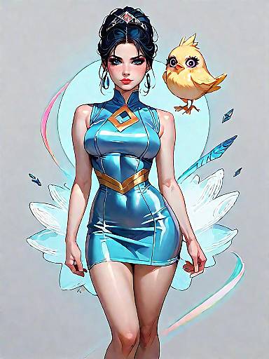 Woman in Royal Blue Bodycon Dress with Cute Yellow Bird