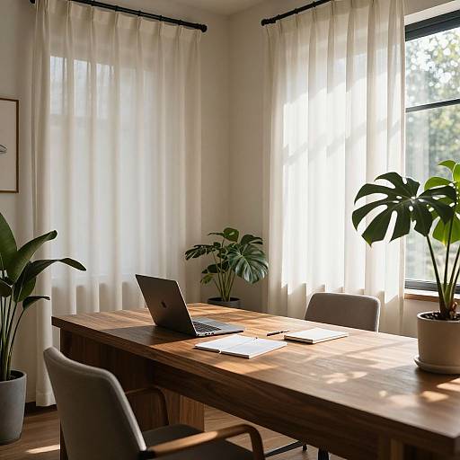 Photograph of a bright, sunlit office with a wooden table, laptop, notebook, three potted plants, white curtains, and gray chairs.