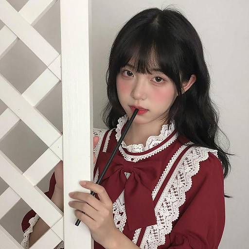 Shy Asian Woman in Red Dress