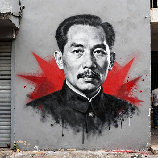 Black-and-white graffiti portrait of an Asian man with a mustache, wearing a collared shirt, with bold red splashes behind. Urban wall background