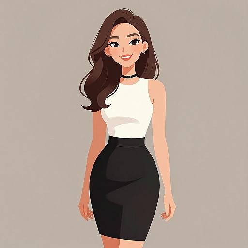 Digital drawing of a smiling woman with long brown hair, wearing a white sleeveless top and black high-waisted skirt, against a plain gray background