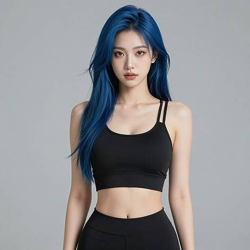 Digital portrait of an Asian woman with long blue hair, wearing a black sports bra and high-waisted black pants, standing against a light blue background